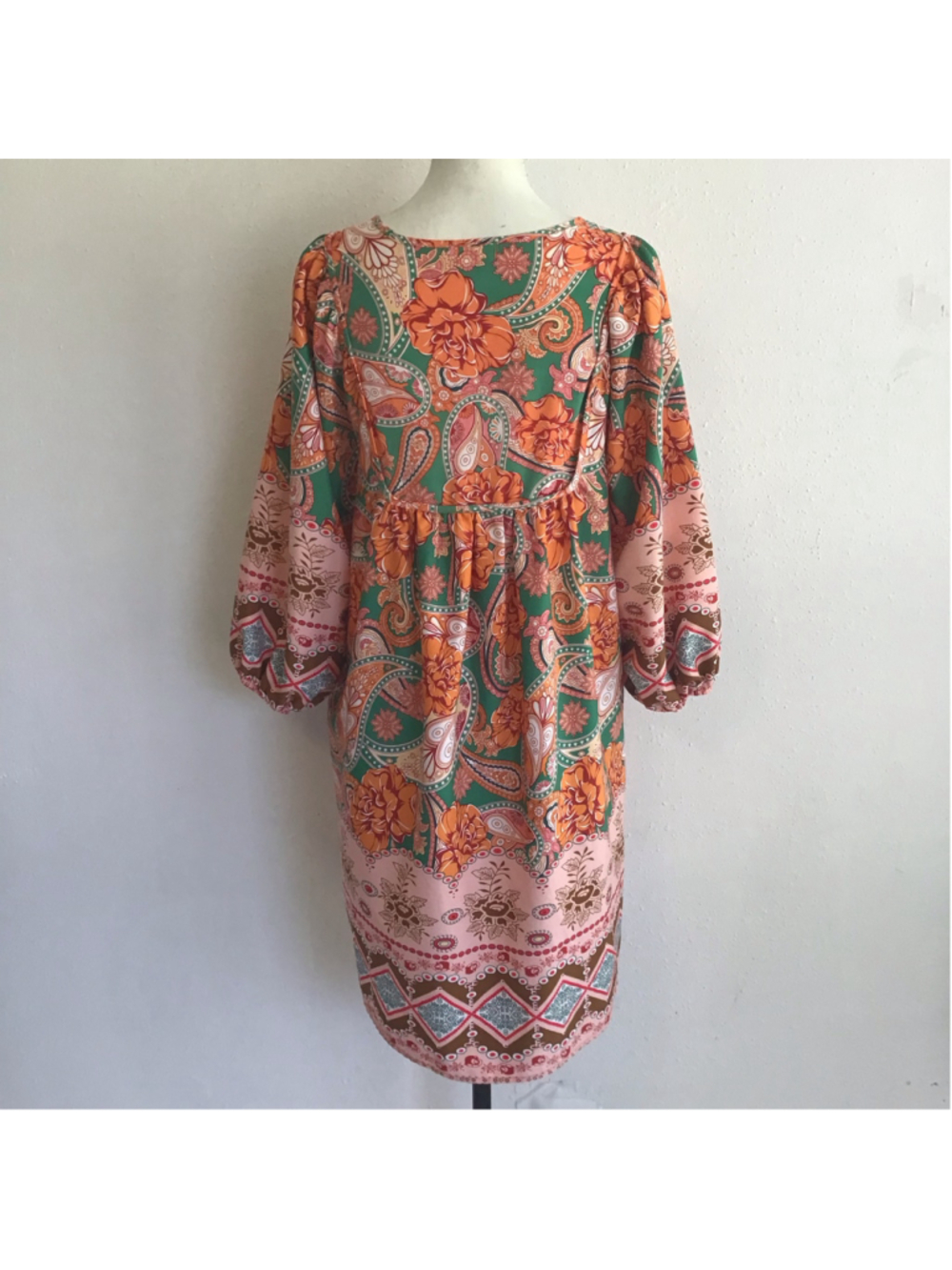 BLUETIME Women Fun Long Sleeve Dress Size M Orange Green Paisley Floral SZ L - Picture 2 of 8